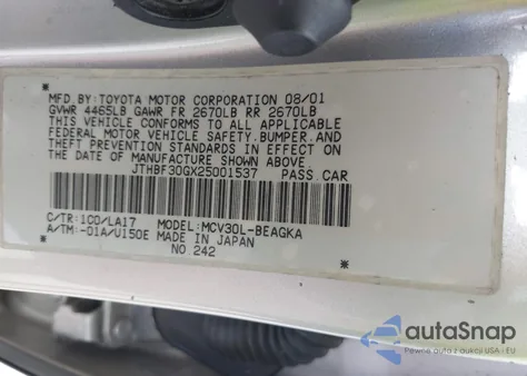 2002 Lexus Es 300 из США, поврежденный, VIN JTHBF30GX25001537